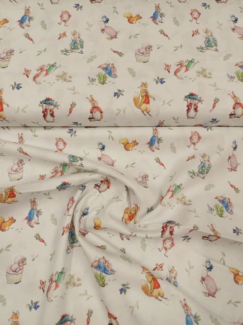Peter Rabbit Tales of the Burrows Characters, Peter Rabbit in a woodland scene, A lovely 100% organic cotton, 112 cm wide, Cool hand wash, cool iron, drip dry, Do not bleach
Under licence - sold for non commercial home use, Priced per metre