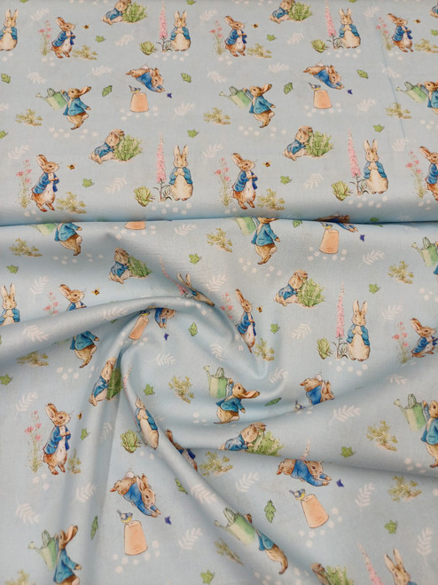 Peter Rabbit Tales of the Burrows Patch, Peter Rabbit in the vegetable patch, A lovely 100% organic cotton, 112 cm wide, Cool hand wash, cool iron, drip dry, Do not bleach
Under licence - sold for non commercial home use, Priced per metre