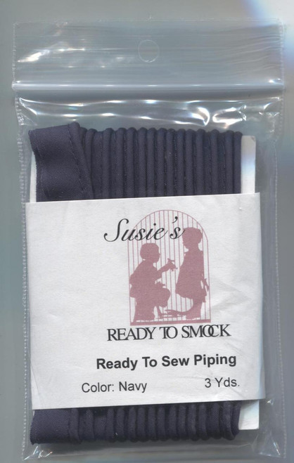 Susie's Ready to Sew Piping is a must for all your sewing projects as it gives that perfect finishing detail. Use it on collars, cuffs and yokes for dresses and boy's smocked shirts or on your craft items. 65% polyester 35% cotton pre-shrunk,
Colourfast 3 yard pack