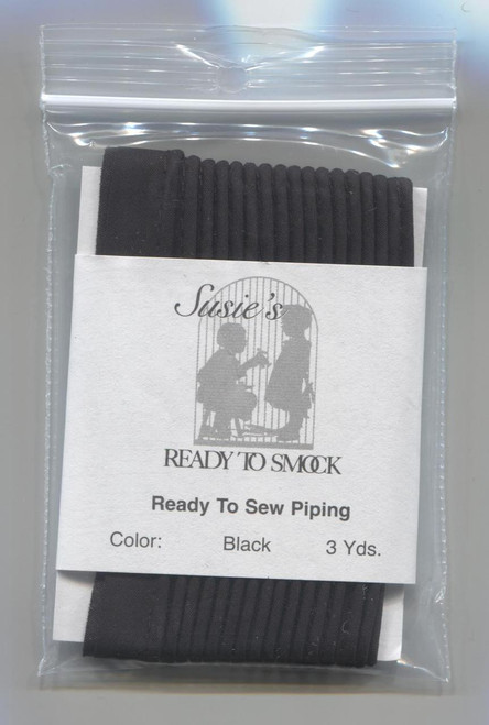 Susie's Ready to Sew Piping is a must for all your sewing projects as it gives that perfect finishing detail, Use it on collars, cuffs and yokes for dresses and boy's smocked shirts or on your craft items, 65% polyester 35% cotton pre-shrunk,
colourfast 3 yard pack, matches DMC 310