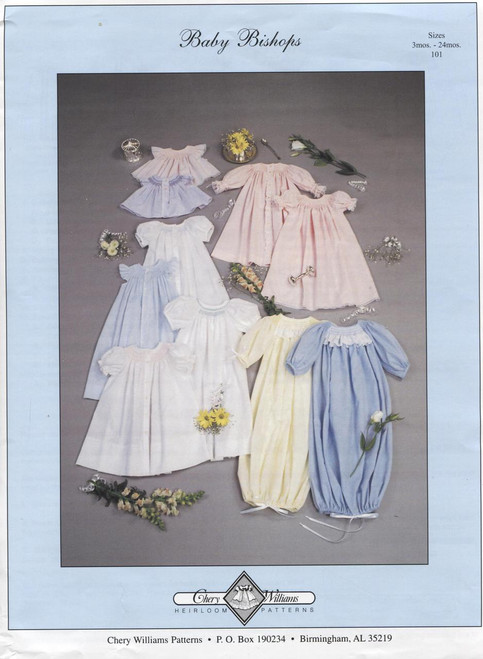 Baby Bishops Smocking Pattern by Chery Williams, This is a lovely pattern as it includes patterns for Nighties and Gowns, There is no smocking plate or dots included in this pattern, Smocking plates can be found under Patterns, Order Silver size H, Yellow or Blue wide dots found Smocking dots, This is multi sized covering Size 3-24 months
Suitable fabrics for summer are Batiste, Imperial Batiste, Cut Spot and lawn, Suitable winter fabrics are Truella 