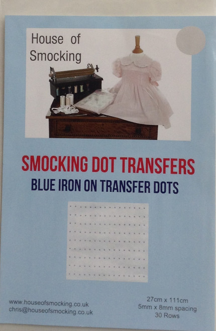 Blue smocking dots are available in two sizes, Narrow 0.5 cm x 0.8 cm - narrow dots have 30 rows per sheet, Sheet size 24 cm x 115 cm (9" x 45") Wide 0.6 cm x 1 cm - Wide dots have 24 rows per sheet  sheet size 24 cm x 115 cm (9" x 45"), Blue Smocking dot transfers are a good contrast colour for light coloured fabrics, Wide dots are pleater compatible, one sheet in each pack, not designed to wash off, Iron on Smocking Dots – another way to use them
Ideal for white fabrics or heavily patterned fabrics
Did you know, once you cut off the number of rows you need, you can pin the dots to your fabric and pick up each dot through the tissue then tear away the tissue once you have picked up all the rows.  Don’t forget to put a knot on the end of the thread, so you don’t pull it out as you go.
