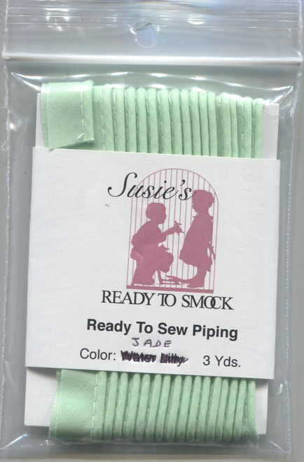 Susie's Ready to Sew Piping is a must for all your sewing projects as it gives that perfect finishing detail, Use it on collars, cuffs and yokes for dresses and boy's smocked shirts or on your craft items, 65% polyester 35% cotton pre-shrunk, colourfast 3 yard pack, DMC 564 goes well with Jade
 