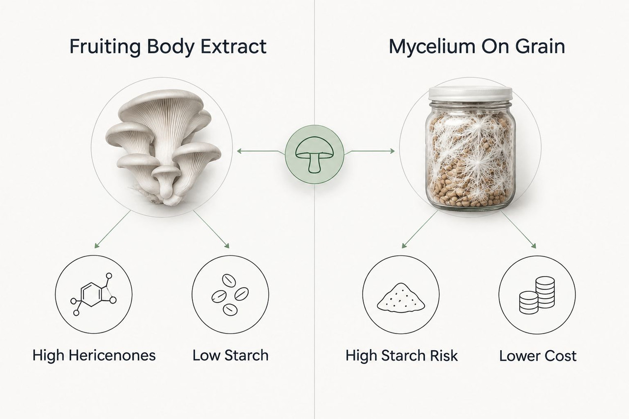 Two-column diagram comparing fruiting body extract to mycelium-on-grain lion's mane