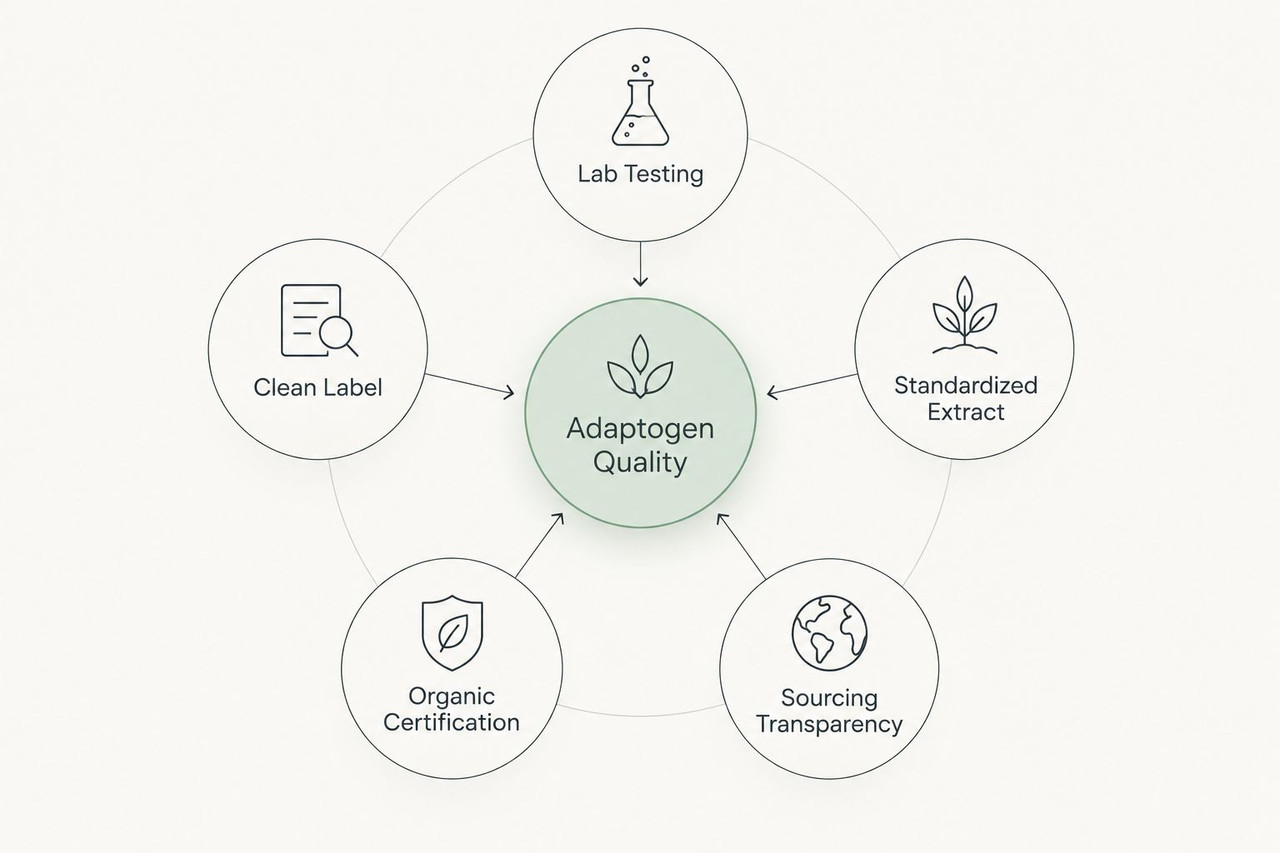 Hub and spoke diagram of five adaptogen supplement quality criteria