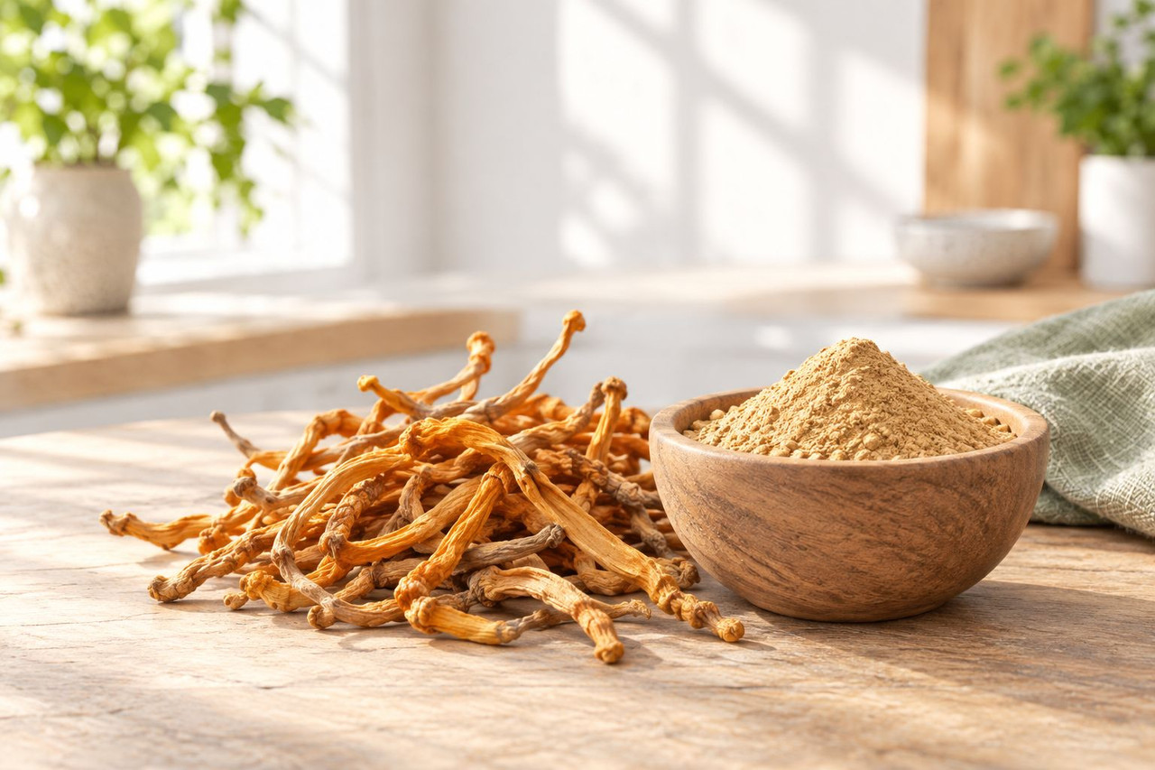 Dried cordyceps mushroom strands and powder in a wooden bowl