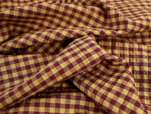 Dressmaking Fabric | Rowan Gingham Seersucker -  Chartreuse & Burgundy | Fabric Godmother
