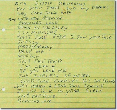 Elvis Presley's hand written Set list for RCA Rehearsals : August 14, 15, 16, 1974.