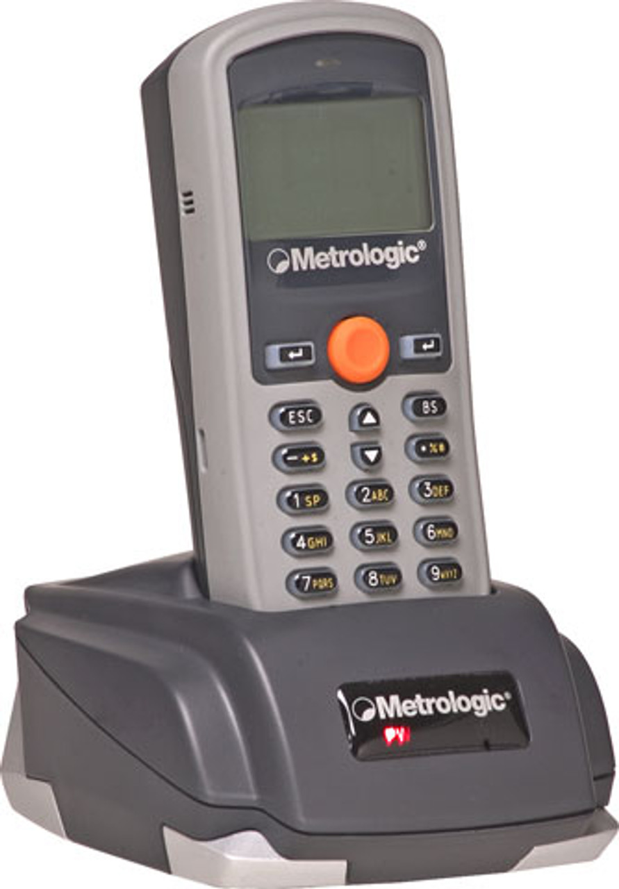 Honeywell (Metrologic) SP5500 OptimusS Batch Barcode Scanner.  Shown with charging and communications base. This base comes with the unit. 