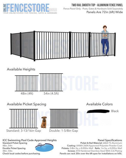 Two Rail Smooth Top - Aluminum Fence Panel. Fence Panel Only - Posts, Gates & Hardware Sold Separately.