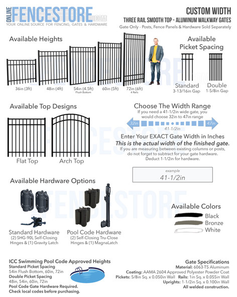 Custom Width Three Rail Smooth Top - Aluminum Walkway Gates. Gate Only - Posts, Fence Panels & Hardware Sold Separately.