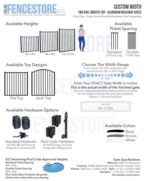 Custom Width Two Rail Smooth Top - Aluminum Walkway Gates. Gate Only - Posts, Fence Panels & Hardware Sold Separately.