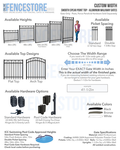 Custom Width Smooth Spear Point Top - Aluminum Walkway Gates. Gate Only - Posts, Fence Panels & Hardware Sold Separately.