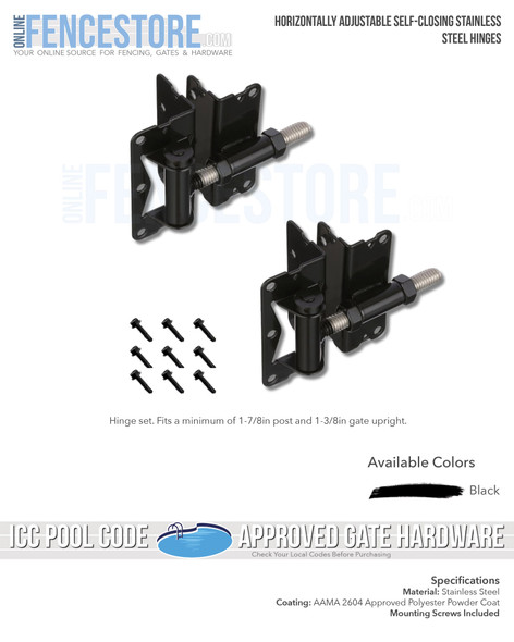 Horizontally Adjustable Self-Closing Hinges For Aluminum Gates - 2pcs. Package