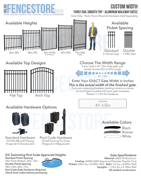 Custom Width Three Rail Smooth Top - Aluminum Walkway Gates. Gate Only - Posts, Fence Panels & Hardware Sold Separately.