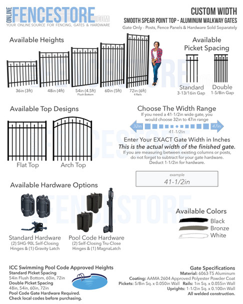 Custom Width Smooth Spear Point Top - Aluminum Walkway Gates. Gate Only - Posts, Fence Panels & Hardware Sold Separately.