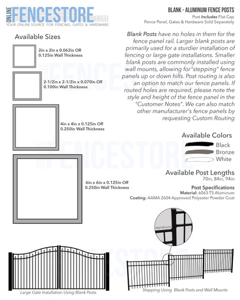 Blank Aluminum Posts - 2in, 2-1/2in, 4in, 6in (Flat Cap Included)
