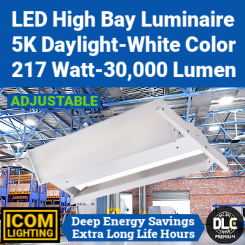 ICOM Lighting HBLA-30L-5K - LED High Bay Luminaire. 217 watt. 5000K color. Flicker-free. 0-10V dimming. 174,000 hours. DLC Premium. (Same as Best Lighting HBLA-30L-5K)
