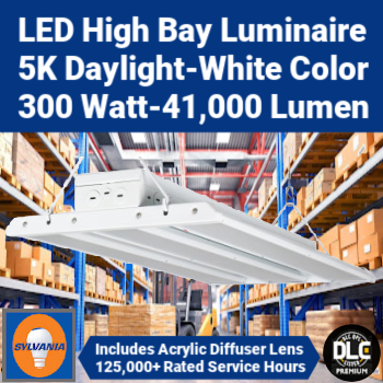 Sylvania Lighting 61993 - LED Linear High Bay Luminaire - 300 watt. 5000K daylight color. 0-10V dimming. 125,000 hours. 120-277V. DLC Premium listed. Sylvania Lighting 61993 - LED Linear High Bay Luminaire - 300 watt. 5000K daylight color. 0-10V dimming. 125,000 hours. 120-277V. DLC Premium listed.