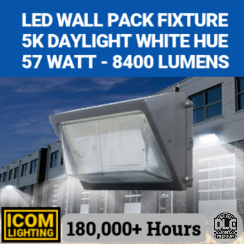 ICOM Lighting IWPT-8L-5K - LED Wall Pack luminaire. 57 watt. 8400 lumens. 50K color. Cast aluminum housing. Bronze powder coat finish.  Glass lens. cULus wet location. 2.5 kV surge protection. LED color maintenance. Extra long 181,000+ life hours. 120-277 volt. DLC Premium. (Same as Best lighting WPT-8L-5K) ICOM Lighting IWPT-8L-5K - LED Wall Pack luminaire. 57 watt. 8400 lumens. 50K color. Cast aluminum housing. Bronze powder coat finish.  Glass lens. cULus wet location. 2.5 kV surge protection. LED color maintenance. Extra long 181,000+ life hours. 120-277 volt. DLC Premium. (Same as Best lighting WPT-8L-5K)