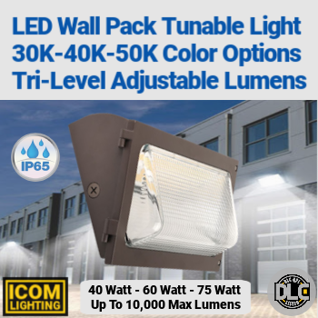 ICOM Lighting WPTI-10L-LKFS - LED Wall Pack luminaire. Tunable colors. Tunable lumen output. Cast aluminum housing. Bronze powder coat finish.  Glass lens. cULus wet location. 2.5 kV surge protection. LED color maintenance. Extra long 180,000+ life hours. 120-277 volt. DLC Premium.