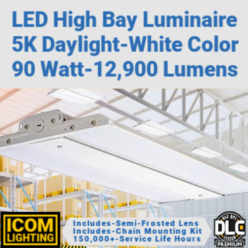 ICOM LEDFHB90-06-50K-MV-G3 LED linear high bay fixture. 90 watt. 5000K color.  0-10V dimming. 150,000+ life hours. DLC Premium.