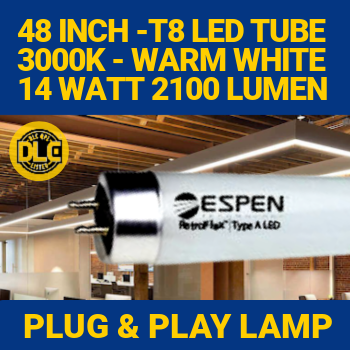 Espen L48T8/830/14G-EB - T8 LED tube lamp. Four-foot. 14 watt. 3000K color. Plug and play retrofit lamp. Operates on T8 electronic ballast. Utilizes existing instant-start or rapid-start lamp sockets. Glass tube for superior optical performance. Cold temperature rated. DLC certified.