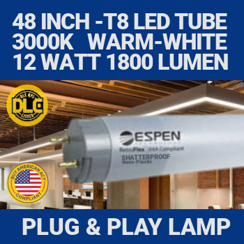 Espen L48T8/830/12P-EB - T8 LED - 4 foot. 3000K. Retrofit replacement for T8 fluorescent lamps operating Plug&Play on T8 electronic-ballast. Espen L48T8/830/12P-EB - T8 LED - 4 foot. 3000K. Retrofit replacement for T8 fluorescent lamps operating Plug&Play on T8 electronic-ballast.
