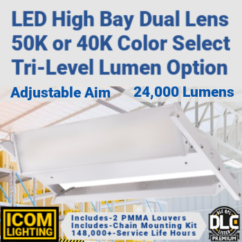 ICOM Lighting IHBLASR-241812L-4K5K - LED High Bay Luminaire. Multi-watt. Color select. Flicker-free. 0-10V dimming. 148,000 hours. DLC Premium. (Same as Best Lighting HBLASR-241812L-4K5K)