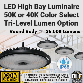 ICOM IHBRSR-353024L-4K5K-BLK - LED High Bay. Round. Black. Tri-level. Tunable. 146,000 hours. 120-277 volt. IP 65 rated. (Same as Best Lighting HBRSR-353024L-4K5K-BLK)