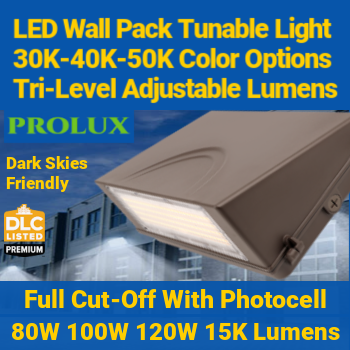 ProLux WPF-12010080W-3C-P  - LED Wall Pack. LED Wall Pack. Cut-off. Tunable color selection. Tunable light output lumen selection. Rugged weather-proof security light.