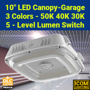 ICOM CPSR-1210863L-3CCT-WHT - LED Canopy Garage Luminaire. 5 Level lumen selection output. Field select 3000K,4000K, or 5000K color. DLC Premium