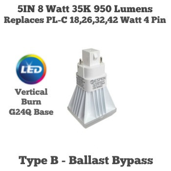 ESPEN LED PL-C 8 WATT 4 PIN G24Q VERTICAL BURN BYPASS 120-277V 35K