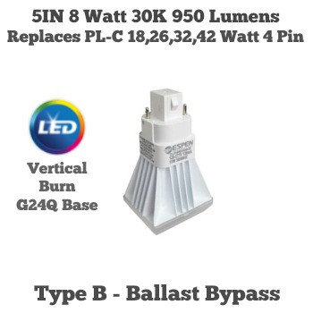 ESPEN LED PL-C 8 WATT 4 PIN G24Q VERTICAL BURN BYPASS 120-277V 30K