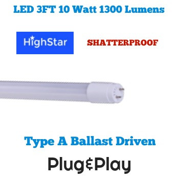 T8 LED Tube - HighStar L36T8/850/10P/EB - TYPE A retrofit replacement for T8 fluorescent lamps operating Plug&Play on T8 electronic ballast. Shatterproof coated glass. 3 foot length. 5000K Daylight. Instant and rapid start sockets. NSF food area approved. DLC. 5 year warranty. T8 LED Tube - HighStar L36T8/850/10P/EB - TYPE A retrofit replacement for T8 fluorescent lamps operating Plug&Play on T8 electronic ballast. Shatterproof coated glass. 3 foot length. 5000K Daylight. Instant and rapid start sockets. NSF food area approved. DLC. 5 year warranty.
