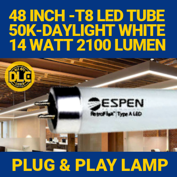 Espen L48T8/850/14G-EB - T8 LED tube lamp. Four-foot. 14 watt. 5000K color. Plug and play retrofit lamp. Operates on T8 electronic ballast.