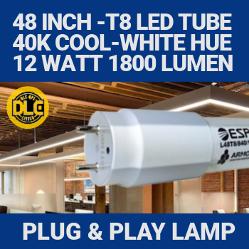 Espen L48T8/840/12G-EB-AC - T8 LED tube lamp. Four-foot. 12 watt. 4000K color. Plug and play retrofit lamp.