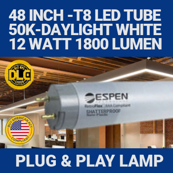 Espen L48T8/850/12P-EB - T8 LED Tube - TYPE A retrofit replacement for T8 fluorescent lamps operating Plug&Play on T8 electronic ballast. Shatterproof Nano-Plastic. 4 foot length. 5000K Daylight
