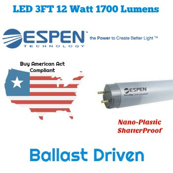 BAA Compliant - T8 LED Tube - 3 Foot Ballast Compatible Type A - Espen L36T8/850/12P-EB BAA Compliant - T8 LED Tube - 3 Foot Ballast Compatible Type A - Espen L36T8/850/12P-EB