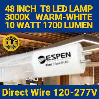 Espen L48T8/830/10G-ID-DE - T8 LED Tube - 4 Foot - 10 Watt - Type B - Bypass 120-277V
Double end feed. Real glass tube. Superior optics. Rebate approved.