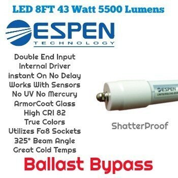 Internal driver. Bypass ballast. Double end input. 120-277 volt. Works with single pin Fa8 sockets.