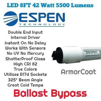 Internal driver. Bypass ballast. Double end input. 120-277 volt. Works with R17d sockets.