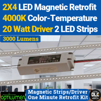 Optilumen RKS2420-4 - 2'x4' LED Linear Retrofit Kit. Includes (2) 42" magnetic LED strips and (1) 20 watt magnetic LED driver. 120-277V.