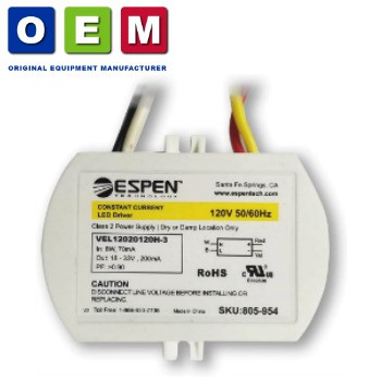 Espen Technology VEL12020120H-3 LED Driver Constant Current, 70mA, Max. 8W, 120V Input. High Power Factor. Quick connector. Genuine Espen OEM replacement part.