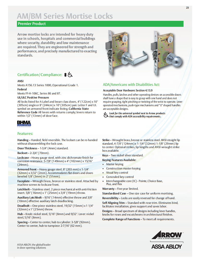 Arrow BM33 XH 26D Double Storeroom Mortise Lock w/ X Lever and H