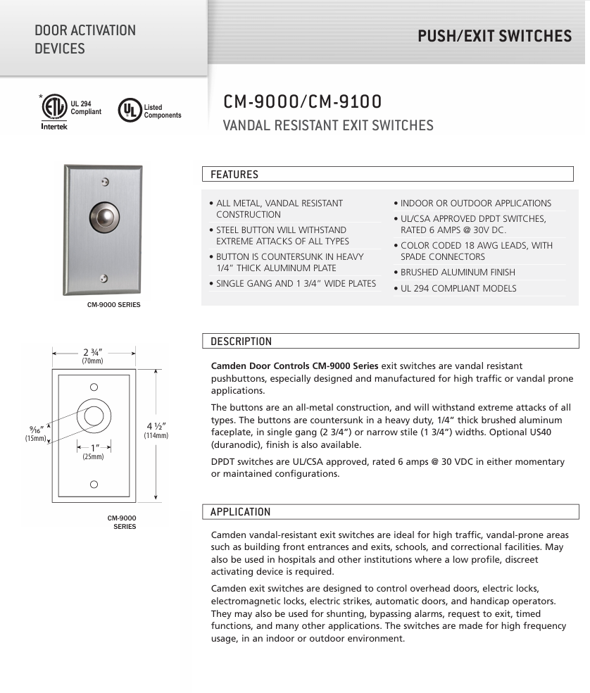 Camden Price List Camden CM-9080 Vandal-Resistant Exit Switch - DPDT  Momentary Garage Door