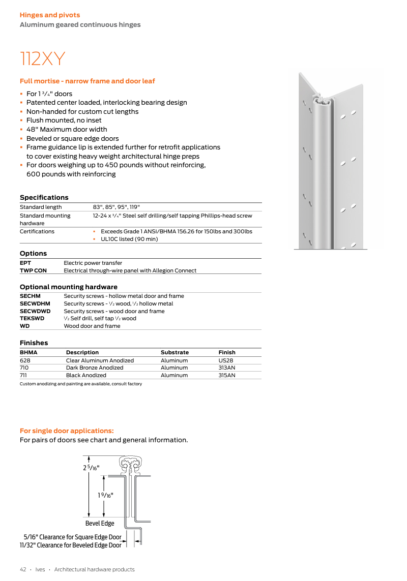 Ives 112XY 83 Full Mortise Aluminum Geared Continuous Hinge, 83