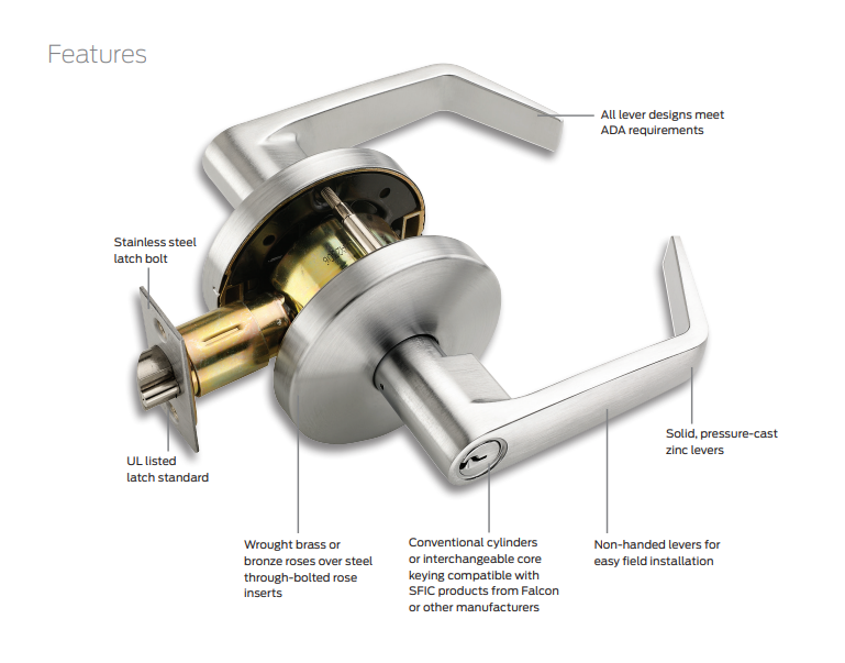 Falcon W501BD D Entry Cylindrical Lever Lock, Accepts Small Format