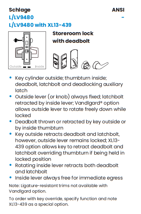 Schlage L9480L 03N Storeroom Mortise Lock w/ Deadbolt, Less Cylinder