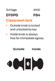 Schlage D70 PLY Classroom Cylindrical Lock, Plymouth Knob
